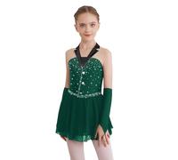 Agoky Robe De Danse Classique Et Latine Enfant Fille - Justaucorps De Patinage Artistique Avec Manchettes - Tenue Tango Salsa 5-16 Ans - Vert Foncé 7-8 Ans