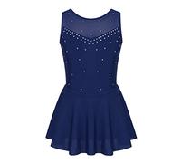 Agoky Robe De Patinage Artistique Enfant Fille Justaucorps De Gymnastique Robe De Danse Ballet Latine sans Manches Compétition 5-16 Ans Bleu Marin 11-12 Ans