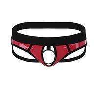Agoky String Homme Slip Taille Basse en Faux Cuir Jockstrap Ceinture Elastique Lingerie Sexy Ouvert avec Cerceaux M-XXL Rouge XL