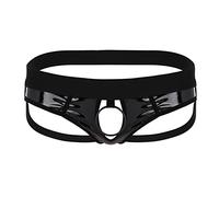 Agoky String Homme Slip Taille Basse en Faux Cuir Jockstrap Ceinture Elastique Lingerie Sexy Ouvert avec Cerceaux M-XXL Noir L