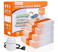 AGPTEK Lot de 16 sacs de rangement sous vide pour vêtements et linge de lit - Transparents et orange