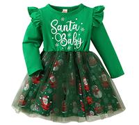AGQT Baby Girls Christmas Dresses Cotton Long Sleeve Santa Print Christmas Outfit Princess Tulle Tutu Dress Green Size 18-24 Months