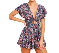 AGQT Combishort Femme Sexy Combinaisons Short D'été Col V élégant Romper Casual Boho Onepiece Jumpsuit Playsuits Bleu Marin XL