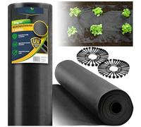 Plonos Toile Anti-Mauvaises Herbes - Perméable à l'eau - Stabilisation UV - 90 g/m² - 1,6 x 50 m - avec 100 piquets - Noir