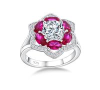 AGRULE Bague de fiançailles en forme de trèfle, en argent sterling plaqué or blanc avec zircone cubique 5A et pierre de naissance, cadeau pour les mamans, amoureuse, taille 6-10, Rubis, oxyde de