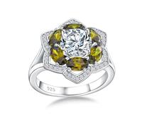AGRULE Bague de fiançailles en forme de trèfle, en argent sterling plaqué or blanc avec zircone cubique 5A et pierre de naissance, cadeau pour les mamans, amoureuse, taille 6-10, Péridot, oxyde de