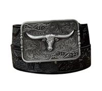 AGUTALITHIC Ceinture à Bouton-Pression en Relief Motif Floral Et Cornes Longues Sangle De Taille en Cuir Taureau Western Texas Gravé Boucle Carrée(115cm/45, Black)