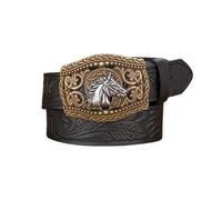 AGUTALITHIC Ceinture à Bouton-Pression Fleur en Relief Sangle De Taille en Cuir Boucle avec Filigrane Gravé Carrée Western Tête De Cheval Creuse(120cm/47, Black)