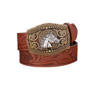 AGUTALITHIC Ceinture à Bouton-Pression Fleur en Relief Sangle De Taille en Cuir Boucle avec Filigrane Gravé Carrée Western Tête De Cheval Creuse(120cm/47, Light Brown)