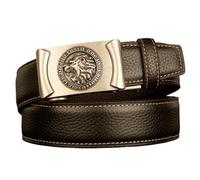 AGUTALITHIC Ceinture À Cliquet en Cuir pour Hommes Courroie Cousue avec Gravure Automatique Sculpture Animalière Boucle Coulissante en Argent(115cm/45, Lion)