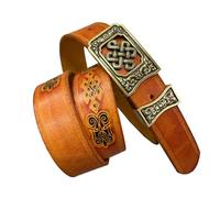 AGUTALITHIC Ceinture à Pression Cuir De Vachette Véritable Western Cowboy Cowgirl Sangle Gaufrée Artisanale Boucle en Forme De Fleur Ajourée Sculptée(125cm/49, Yellow-Gold)