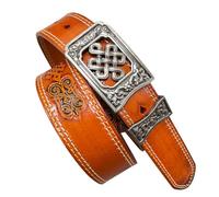 AGUTALITHIC Ceinture à Pression Cuir De Vachette Véritable Western Cowboy Cowgirl Sangle Gaufrée Artisanale Boucle en Forme De Fleur Ajourée Sculptée(125cm/49, Yellow-Silver)