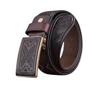 AGUTALITHIC Ceinture à Pression Motif en Relief Floral Western Boucle avec Rectangle Gravé Laiton Massif Fait Main Style Rétro Sangle en Cuir(110cm/43, Coffee)