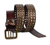 AGUTALITHIC Ceinture Cloutée à 3 Rangs à œillets Creux Punk Rock Goth Hip Hop Rivet Doré Sangle De Taille en Cuir Véritable Boucle à Trois Trous(120cm/47, Coffee)