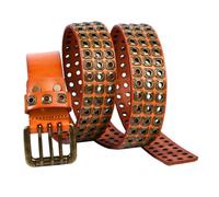 AGUTALITHIC Ceinture Cloutée à 3 Rangs à œillets Creux Punk Rock Goth Hip Hop Rivet Doré Sangle De Taille en Cuir Véritable Boucle à Trois Trous(120cm/47, Orange)