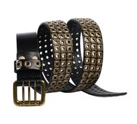 AGUTALITHIC Ceinture Cloutée à 3 Rangs à œillets Creux Punk Rock Goth Hip Hop Rivet Doré Sangle De Taille en Cuir Véritable Boucle à Trois Trous(105cm/41, Black)