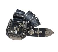 AGUTALITHIC Ceinture Cloutée en Relief Motif Crocodile Sangle De Taille avec Gravure Punk Rock Tête De Mort Croix Rond Rivet pour Homme Et Femme(125cm/49, Black)