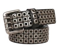 AGUTALITHIC Ceinture Cloutée Punk Rock à 3 Rangs Trou Grommet Rivet Creux Réglable Courroie en Cuir Véritable avec Boucle à Rouleaux à 3 Branches(110cm(36"~38"), Black)