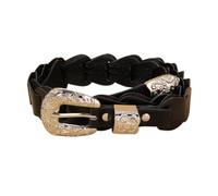 AGUTALITHIC Ceinture Fine en Cuir Gaufré Tresse pour Femme Et Homme Tissé Décontracté Sangle De Taille avec Boucle Western Argentée à Motif Floral(90cm/35, Black)