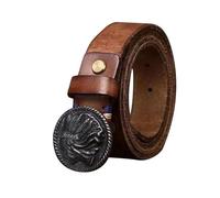 AGUTALITHIC Ceinture pour Hommes Et Femmes,3,3cm De Large Pleine Fleur Ceinturon en Cuir Véritable Boucle Ronde Gravée d'une Tête D'indien(120cm/47, Brown)