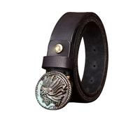 AGUTALITHIC Ceinture pour Hommes Et Femmes,3,3cm De Large Pleine Fleur Ceinturon en Cuir Véritable Boucle Ronde Gravée d'une Tête D'indien(115cm/45, Black)