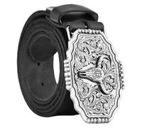 AGUTALITHIC Ceinture Vintage Vieillie Boucle Sculptée Représentant Un Taureau à Longues Cornes Tête De Crâne Style Cowboy Western Sangle De Taille(130cm/51, B-Black)
