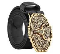 AGUTALITHIC Ceinture Vintage Vieillie Boucle Sculptée Représentant Un Taureau à Longues Cornes Tête De Crâne Style Cowboy Western Sangle De Taille(120cm/47, A-Black)