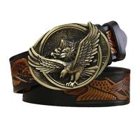 AGUTALITHIC Ceinture Western pour Homme avec Aigle Gravée Boucle Ovale en Laiton Brossé, Ceinture en Cuir Véritable, Drapeau De L’Aigle Ceinturon en Relief(120cm/47, Black)