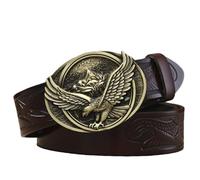 AGUTALITHIC Ceinture Western pour Homme avec Aigle Gravée Boucle Ovale en Laiton Brossé, Ceinture en Cuir Véritable, Drapeau De L’Aigle Ceinturon en Relief(130cm/51, Coffee)