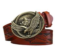 AGUTALITHIC Ceinture Western pour Homme avec Aigle Gravée Boucle Ovale en Laiton Brossé, Ceinture en Cuir Véritable, Drapeau De L’Aigle Ceinturon en Relief(125cm/49, Brown)