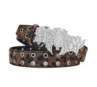 AGUTALITHIC Femme Homme Fausse Fourrure Et Cuir Double œillet Ceinture à Pression Boucle Argentée Gravée Sangle De Taille Surpiqûres Imprimé Léopard(115cm/45, Brown)