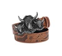 AGUTALITHIC Hommes Femmes Ceinture en Relief à Motif Floral Longhorn Sangle De Taille Western Cowboy Cowgirl Gravée Boucle Rodeo 3 Têtes De Taureau(110cm/43, Brown)