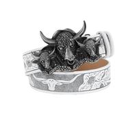 AGUTALITHIC Hommes Femmes Ceinture en Relief à Motif Floral Longhorn Sangle De Taille Western Cowboy Cowgirl Gravée Boucle Rodeo 3 Têtes De Taureau(110cm/43, White)