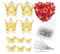 Agwuoetr Ensemble D'Accessoires de Corsage de Fleurs 140 Pièces, 4 Mini Couronnes Dorées, 36 Autocollants Papillons Dorés 3D et 100 Épingles en Diamant