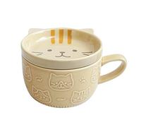 Agwuoetr Tasse à Café Jaune en Céramique avec Couvercle Chat Mignon pour Déjeuner Familial