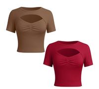 AGYMNX 3 Pices T-Shirts Femme Rond Manches Courtes Skinny Dcollet Sexy T-Shirts Femme Manches Courtes Tee Shirt Basic Tops Slim Fit Y2K Casual Rond Crop Tops Marron, Bourgogne M
