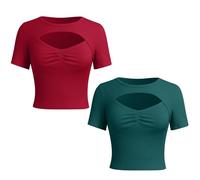 AGYMNX 3 Pices T-Shirts Femme Rond Manches Courtes Skinny Dcollet Sexy T-Shirts Femme Manches Courtes Tee Shirt Basic Tops Slim Fit Y2K Casual Rond Crop Tops Bourgogne, Vert S