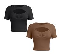 AGYMNX 3 PiCes T-Shirts Femme Rond Manches Courtes Skinny DCollet Sexy T-Shirts Femme Manches Courtes Tee Shirt Basic Tops Slim Fit Y2K Casual Rond Crop Tops Noir, Marron M