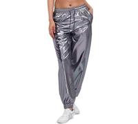 AGYMNX Pantalon métallique brillant pour femme avec cordon de serrage - Décontracté - Couleur holographique - Taille haute - Avec poches - Disco Hip Hop - Thème fête, gris, M-L