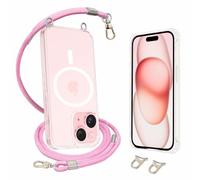 AHABIPERS Coque avec Cordon pour iPhone 15 6,1 Pouces Coque Magnétique(Clair), Compatible avec MagSafe Recharge sans Fil, Réglable Smartphone Collier Etui avec Lanière(Rose)