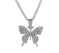 AHAFEI Collier avec pendentif papillon chaîne cubaine à la mode pour femme, collier ras du cou de tennis avec zircon brillant Hip Hop Bijoux de fête, 1 pièce (Color : XL980-Silver)