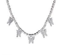 AHAFEI Collier avec pendentif papillon chaîne cubaine à la mode pour femme, collier ras du cou de tennis avec zircon brillant Hip Hop Bijoux de fête, 1 pièce (Color : XL979-Silver)