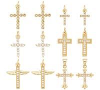 AHANDMAKER 12 pcs Breloques Croix en Zircone Cubique, 6 Styles Laiton Micro Pave Croix Aile Réel 18K Plaqué Or Croix Charmes Pendentif pour Bracelet à Bricoler Soi-Même Collier Fabrication de Bijoux