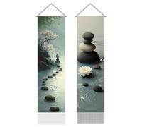 AHANDMAKER 2 Pièces De Tapis De Lotus Zen, Eau Et Pierre, Tapis Vertical Long Avec Franges, Décoration Mystique Esthétique Pour Chambre, Salon, 116X33CM