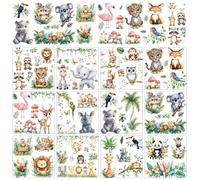 AHANDMAKER Lot de 12 feuilles d'autocollants de transfert à frotter, thème zoo de dessin animé avec lion, tigre, éléphant, panda, koala, perroquet, idéal pour la terre de dessin animé, la maternelle,