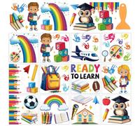 AHANDMAKER Lot de 12 feuilles d'autocollants de transfert avec racloir, autocollants sur le thème de l'école avec pinceaux, livres, arc-en-ciel, mots pour salle d'étude, librairie, école, décoration
