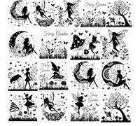AHANDMAKER Lot de 12 feuilles de silhouette de fée de lune pour écrire des transferts pour bricoler des champignons autocollants à frotter fleurs papillon fée décalcomanies à appliquer pour meubles en