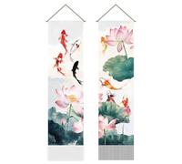 AHANDMAKER Lot de 2 tapisseries de peinture à l'encre chinoise, motif carpe, lotus et feuille de lotus, rideau de porte japonais, tapisserie murale à suspendre pour chambre à coucher, salon, maison