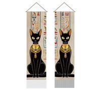 AHANDMAKER Lot de 2 tapisseries de style égyptien antique, chat noir et hiéroglyphes verticales, rideaux mythologiques à suspendre au mur pour chambre à coucher, salon, 33 x 130 cm