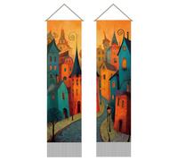 AHANDMAKER Lot de 2 tapisseries de ville de rêve, longue tapisserie verticale à suspendre au mur confortable, paysage de campagne, tentures à pompons pour décoration murale rétro, maison, bureau